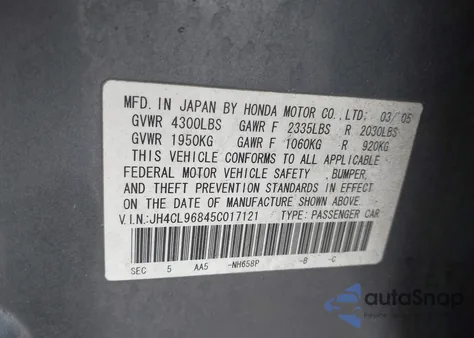 2005 Acura Tsx z USA, uszkodzony, nr VIN JH4CL96845C017121